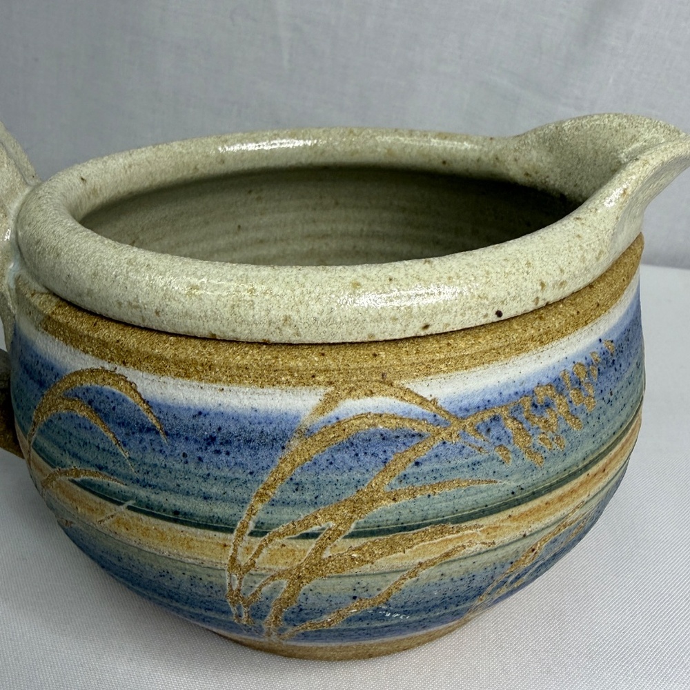 Studio Pottery Gravy Boat Pitcher Creamer Vase Etched Stoneware Vintage Signed - Picture 6 of 12